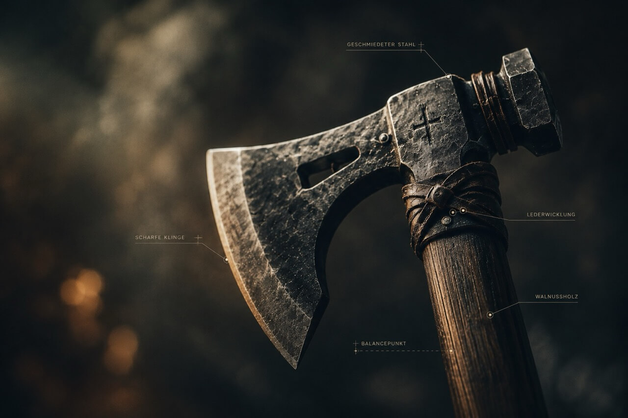 Tomahawk Detail mit Beschriftungen und Stahlkopf