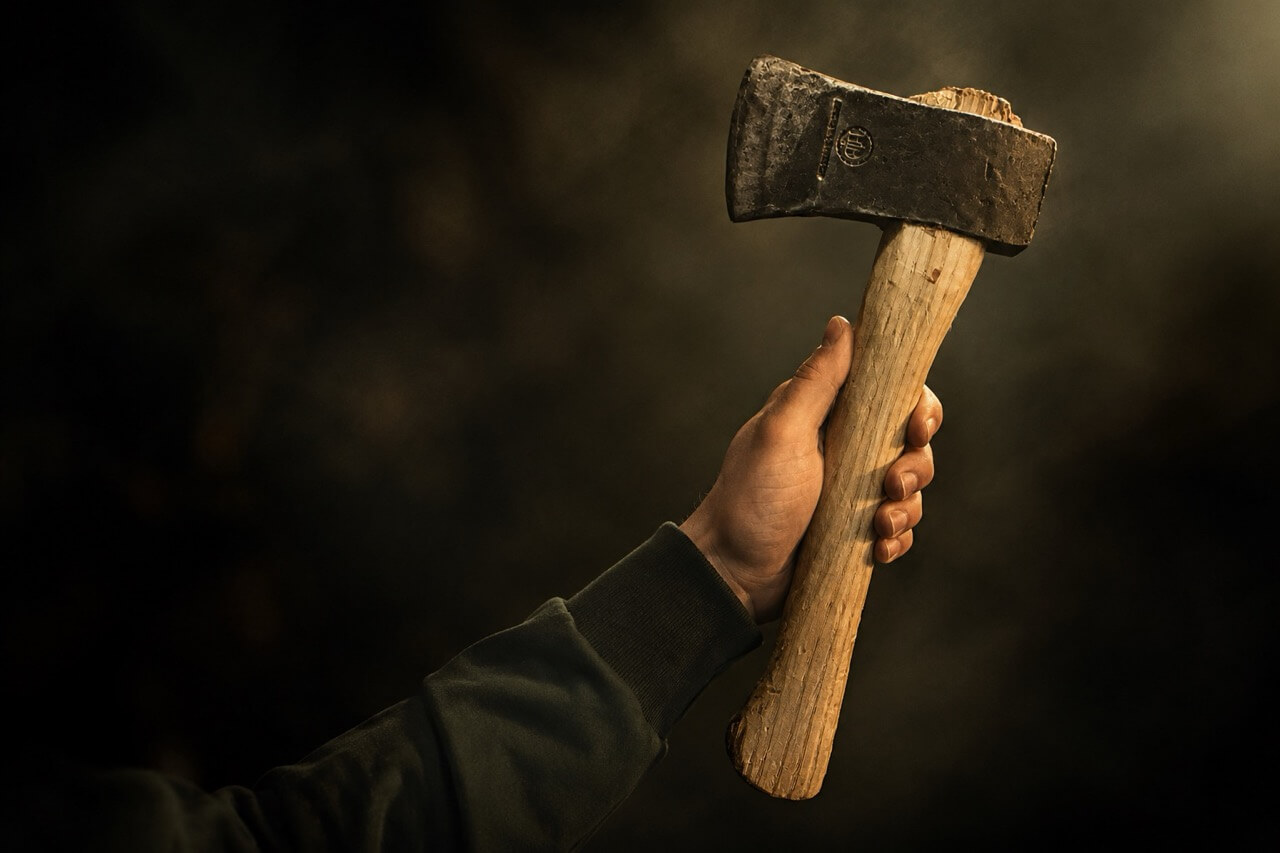 Wurfaxt mit Holzgriff im dunklen Licht