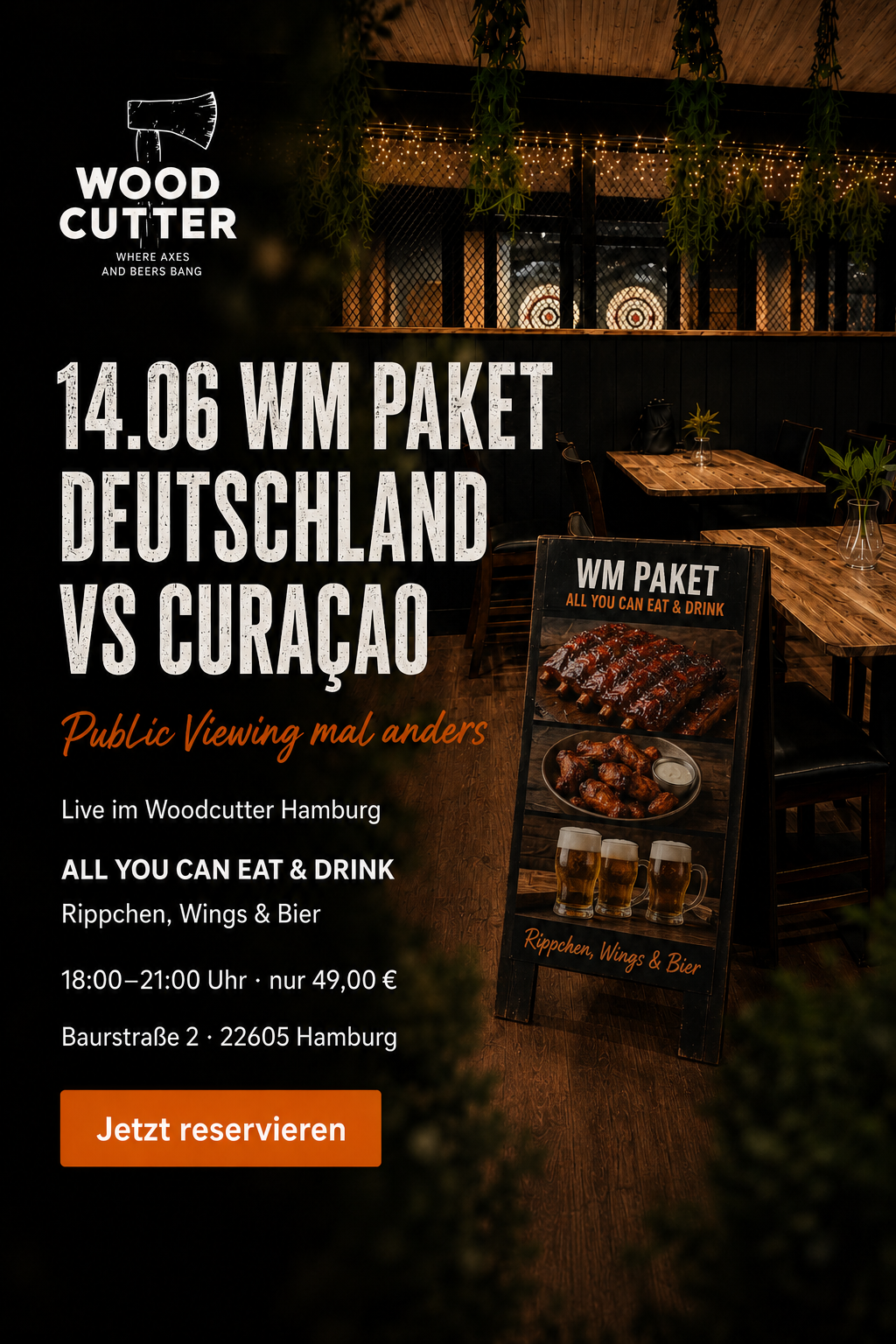 WM Paket mit Public Viewing, Rippchen, Wings und Bier bei WoodCutter Hamburg